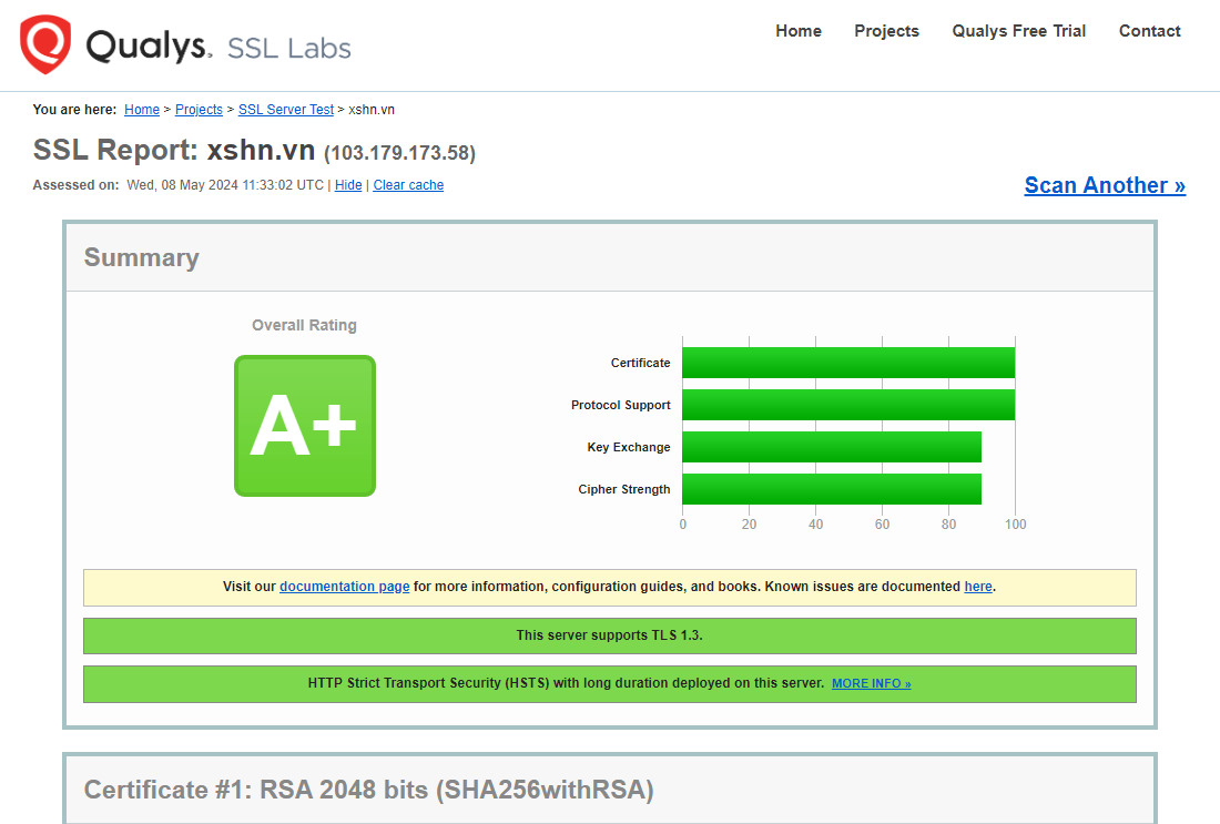 Chứng Nhận Bảo Mật Cao Cấp của XSHN từ SSL Labs
